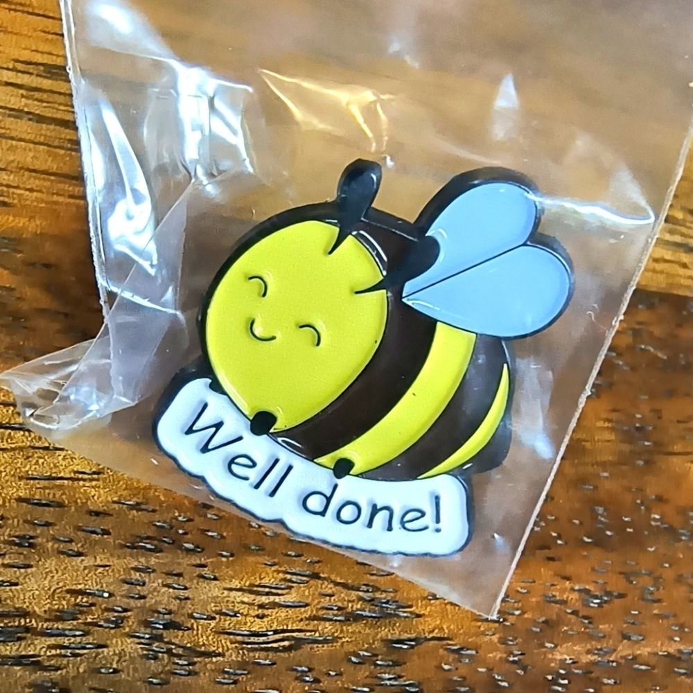 Black yellow bee blue wings Well Done enamel pin backpack hat clothes cap bag